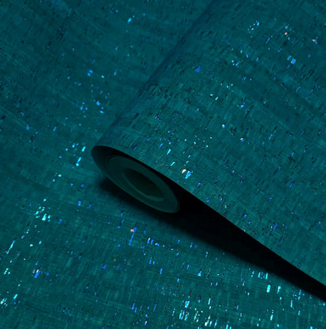 WM100012SMC Real natural cork teal green on metallic foil striped textured modern Wallpaper
