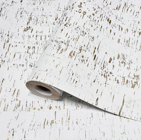 WM100101SMC Enchanced natural cork matte white gold metallic foil birch textured Wallpaper