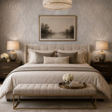 WM29510201 Light gray off white silver metallic ogee diamond trellis faux fabric wallpaper