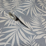 WM29650001 Gray beige distressed faux fabric Tropical palm leaves Wallpaper