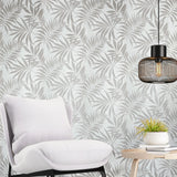 WM29650101 Ivory off white beige distressed faux fabric Tropical palm leaves Wallpaper roll
