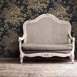 WM30657701 Silk textile fabric Wallpaper black gold metallic glam roses and peonies blossom
