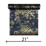 WM30657701 Silk textile fabric Wallpaper black gold metallic glam roses and peonies blossom
