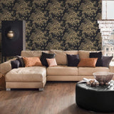 WM30657701 Silk textile fabric Wallpaper black gold metallic glam roses and peonies blossom
