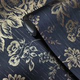 WM30657701 Silk textile fabric Wallpaper black gold metallic glam roses and peonies blossom
