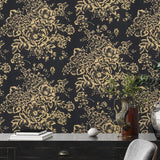 WM30657701 Silk textile fabric Wallpaper black gold metallic glam roses and peonies blossom
