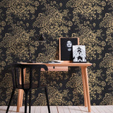 WM30657701 Silk textile fabric Wallpaper black gold metallic glam roses and peonies blossom
