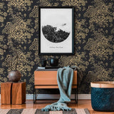 WM30657701 Silk textile fabric Wallpaper black gold metallic glam roses and peonies blossom
