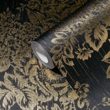 WM30657701 Silk textile fabric Wallpaper black gold metallic glam roses and peonies blossom
