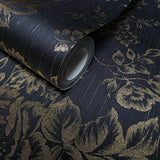 WM30657701 Silk textile fabric Wallpaper black gold metallic glam roses and peonies blossom
