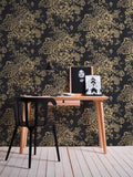 WM30657701 Silk textile fabric Wallpaper black gold metallic glam roses and peonies blossom
