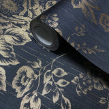 WM30657701 Silk textile fabric Wallpaper black gold metallic glam roses and peonies blossom
