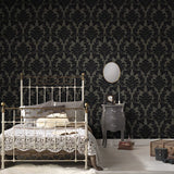 WM33580501 Flocking wallcovering taupe gray black Flocked Victorian damask velvet Wallpaper
