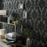 WM33580501 Flocking wallcovering taupe gray black Flocked Victorian damask velvet Wallpaper
