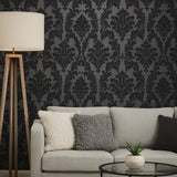 WM33580501 Flocking wallcovering taupe gray black Flocked Victorian damask velvet Wallpaper

