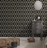 WM33582601, 335826 Flocking Black flock off white Flocked Victorian damask velvet Wallpaper 
