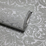WM33583301, 335833 Flocking olive gray silver metallic Flocked Victorian damask velvet Wallpaper 3D