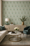 WM36971301 Peacock Feathers Mint green teal tan brass faux fabric contemporary wallpaper 3D