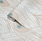 WM36971301 Peacock Feathers Mint green teal tan brass faux fabric contemporary wallpaper 3D