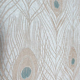 WM36971301 Peacock Feathers Mint green teal tan brass faux fabric contemporary wallpaper 3D