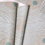 WM36971301 Peacock Feathers Mint green teal tan brass faux fabric contemporary wallpaper 3D
