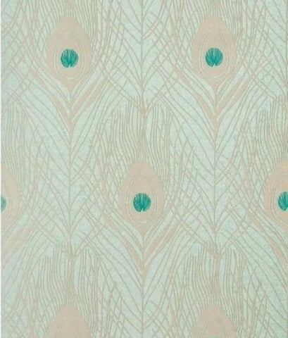 WM36971301 Peacock Feathers Mint green teal tan brass faux fabric contemporary wallpaper 3D