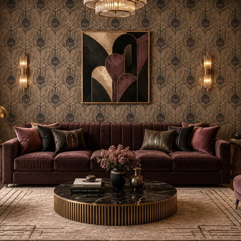 WM36971801 Peacock Feather mustard gold brass bronze red faux fabric contemporary wallpaper