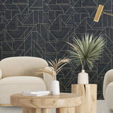 WM39118401 Geo matt dark gray black gold metallic lines faux plaster Textured wallpaper 3D