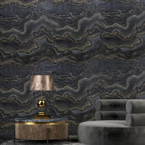 WM39659401 Black gray gold metallic Faux mineral lava marble stone Textured wallpaper 3D