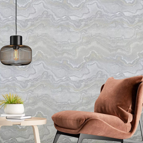 WM39659501 Light gray white silver gold Faux mineral lava marble stone Textured wallpaper