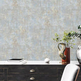 WM39670101 Faux Concrete textured distressed paint Blue gray brown gold metallic wallpaper