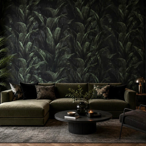 WM41623701 Tropical wallcoverings botanic plant banana leaves black green modern wallpaper