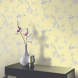 WM42280401Yellow gray white floral chinois branches flowers chinoiserie birds Wallpaper 3D
