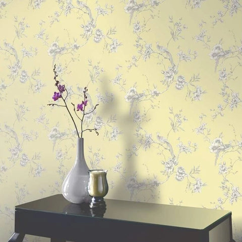 WM42280401Yellow gray white floral chinois branches flowers chinoiserie birds Wallpaper 3D
