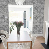 WM90330501 Tropical palm leaves gray silver metallic Wallpaper modern wallcoverings roll 3D
