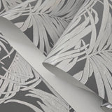 WM90330501 Tropical palm leaves gray silver metallic Wallpaper modern wallcoverings roll 3D
