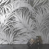 WM90330501 Tropical palm leaves gray silver metallic Wallpaper modern wallcoverings roll 3D

