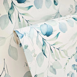 WM90830901 White Blue Green boho floral botanical tranquil eucalyptus leaves Wallpaper 3D
