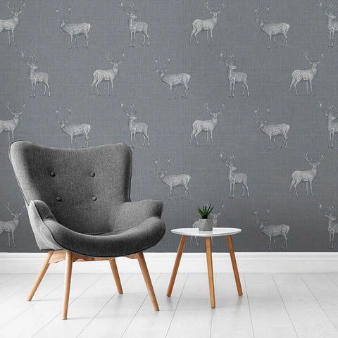 WM90960801 Gray silver heritage stag deer faux fabric Wallpaper 3D lodge wallcoverings roll
