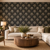 WM92170201 Art Deco tropical palms trees Modern Black charcoal gold metallic Wallpaper roll