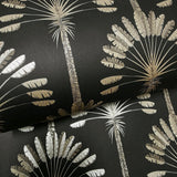WM92170201 Art Deco tropical palms trees Modern Black charcoal gold metallic Wallpaper roll