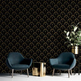WM92170201 Art Deco tropical palms trees Modern Black charcoal gold metallic Wallpaper roll