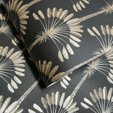 WM92170201 Art Deco tropical palms trees Modern Black charcoal gold metallic Wallpaper roll