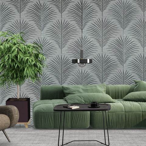 WMGL2000001 Gray taupe tan palm leaves branches faux grasscloth textured vinyl wallpaper 3D