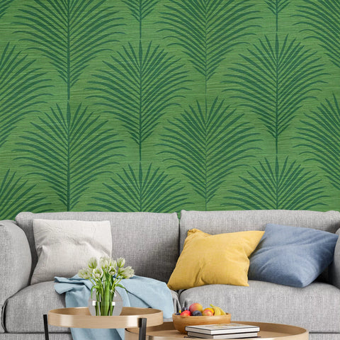 WMGL2000401 Marco Kelly light & dark green palm branches faux grasscloth textured wallpaper