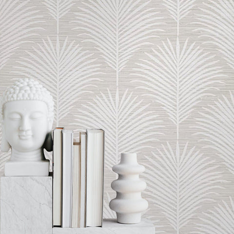 WMGL2010701 Marco Allover tan cream off white palm branch faux grasscloth textured wallpaper