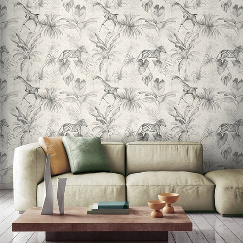 WMGL2060801 Gray off white tropical lush palm fronds jungle zebras giraffes safari wallpaper