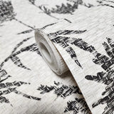 WMGL2130001 Floral faux basketweave grasscloth textured black off white plants wallpaper 3D