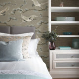 WMGL2170601 Taupe akan gray cream beige cranes floral branches faux fabric texture wallpaper