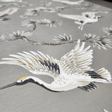 WMGL2170601 Taupe akan gray cream beige cranes floral branches faux fabric texture wallpaper